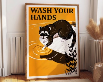 Wash Your Hands Poster Bathroom Poster Bathroom Sink Print - Cute Animal Bathroom Wall Decor