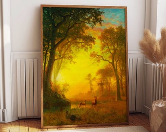 Deer in Forest Poster Art Print by Albert Bierstadt for Rustic Wall Decor Deer Decor Colorful Yellow Wall Art for Home Decor Vibrant Art