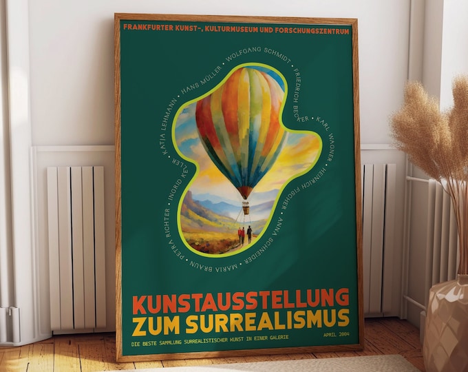 Modern Hot Air Balloon Wall Art - Surrealism Exhibition Poster for Vibrant Green-Themed Bedroom - Unique Room Decor Gift Ideas