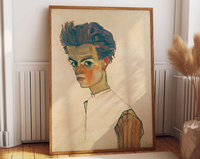 Expressive Egon Schiele Self Portrait With Striped Shirt Art Print - Fine Art Reproduction, Gallery Quality, Home and Office Wall Decor