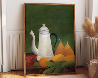 Kitchen Still Life Painting Teapot and Fruit by Henri Rosseau Beautiful Kitchen Art Henri Rousseau Kitchen Still Life Painting Rich Colors