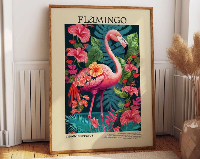 Boho Chic Flamingo Wall Art Poster - Vibrant Tropical Bird Jungle Illustration - Stylish Animal Artwork for Trendy Room Decor