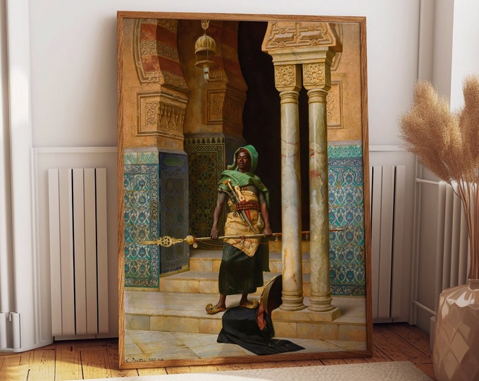 Majestic Nubian Guard: Orientalist Painting Poster by Ludwig Deutsch | Exquisite Art from 1902 The Nubian Guard by Ludwig Deutsch 1902