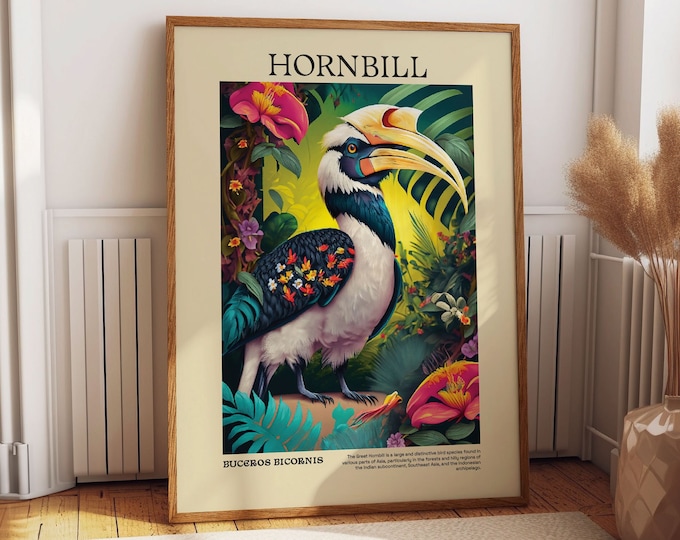 Hornbill Wall Art Poster - Tropical Exotic Bird Room Decor - Quirky Art for Walls - Unique Gift for Bird Lovers and Decor Enthusiasts