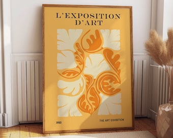 Vibrant Yellow Orange Botanical Abstract Wall Art Poster - Unique Gift Ideas for Her - Blossom in Time: 1950 Floral House Exhibition Prints