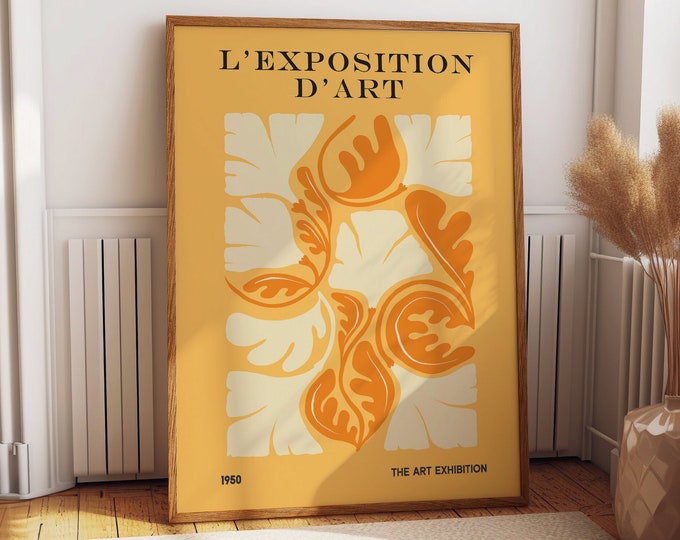 Vibrant Yellow Orange Botanical Abstract Wall Art Poster - Unique Gift Ideas for Her - Blossom in Time: 1950 Floral House Exhibition Prints