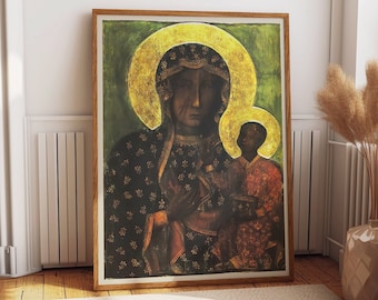 Black Madonna of Czestochowska Blessed Virgin Mary Painting - Religious Wall Art for Prayer Room and Bedroom