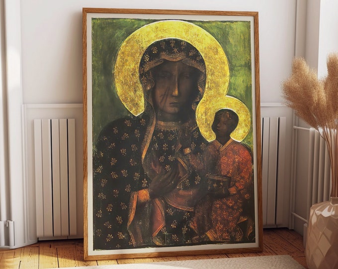 Black Madonna of Czestochowska Blessed Virgin Mary Painting - Religious Wall Art for Prayer Room and Bedroom