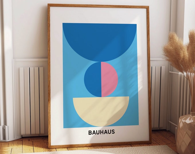 Boho Blue Geometric Wall Poster - Cute Bauhaus Exhibition Wall Art, Modern Decor for Blue Lovers, Bedroom Wall Decor - Abstract Room Decor