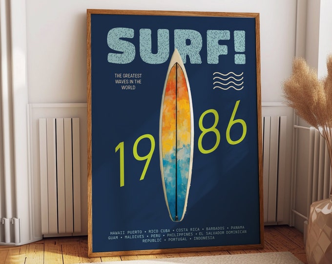 Surf's Up 1986: The Greatest Waves in the World Exhibition Poster - Coastal Vibes for Beach House and Summer Decor