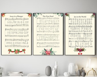 Christmas Hymn Sheets Set of 3 Away in a Manger, The First Noel, Joy to the World