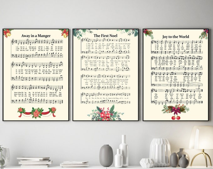 Christmas Hymn Sheets Set of 3 Away in a Manger, The First Noel, Joy to the World