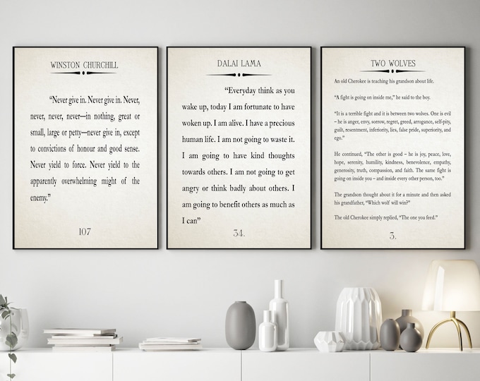 Inspiring Quotes Set of 3 Motivating Posters Two Wolves Quote Churchill Quote Dali Lama Quote