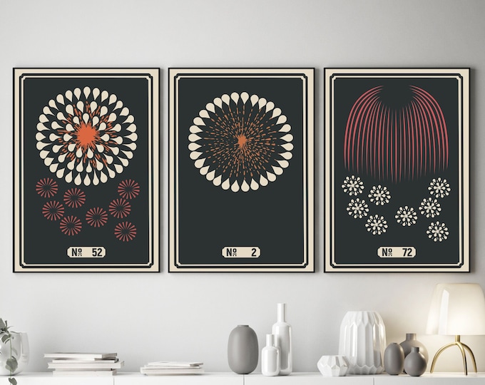 Black and White and Red Abstract Art 4th of July Fireworks Set of 3 Modern Abstract Posters