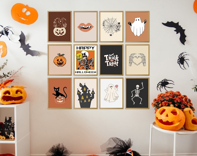 Set of 12 Modern Halloween Wall Art Prints - Halloween Spook-tacular Home Decor with an Enchanting Colorful Twist