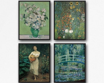 Enchanting Green Painting Prints Set of 4 Prints Van Gogh, Monet, Klimpt - Artistic Masterpieces Collection Captivating Green Wall Decor
