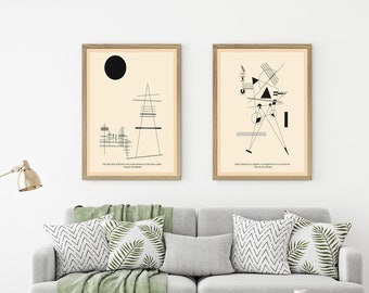 Modern Bauhaus Art: Set of 2 Wassily Kandinsky Line Diagrams, Minimalist Black and White Sketches for Contemporary Home Decor