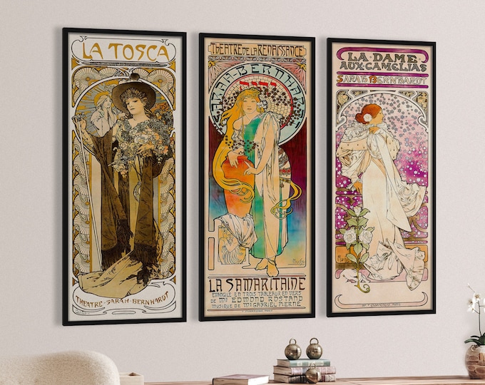 Vintage French Art Nouveau Theater Posters Set of 3 Vertical Wall Art Prints for Aesthetic Home Decor Art Nouveau Theater Posters