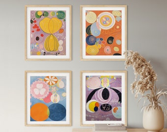 Hilma Af Klint Prints Set of 4 Indie Room Decor Abstract Collage Mystical Abstractions:  Abstract Cottagecore Collage Prints for Home Decor