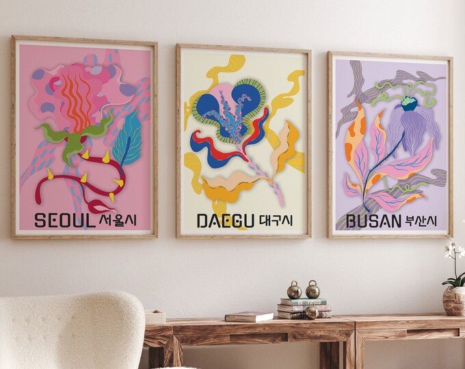 Korean Wall Decor Korean Posters Aesthetic Psychedelic Flowers Korean Pastel Flower Prints Set of 3 Colorful Pink and Purple Flower Prints