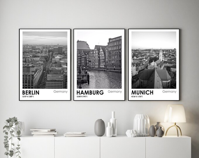 Berlin Munich and Hamburg German City Travel Photos Black and White Art Set of 3
