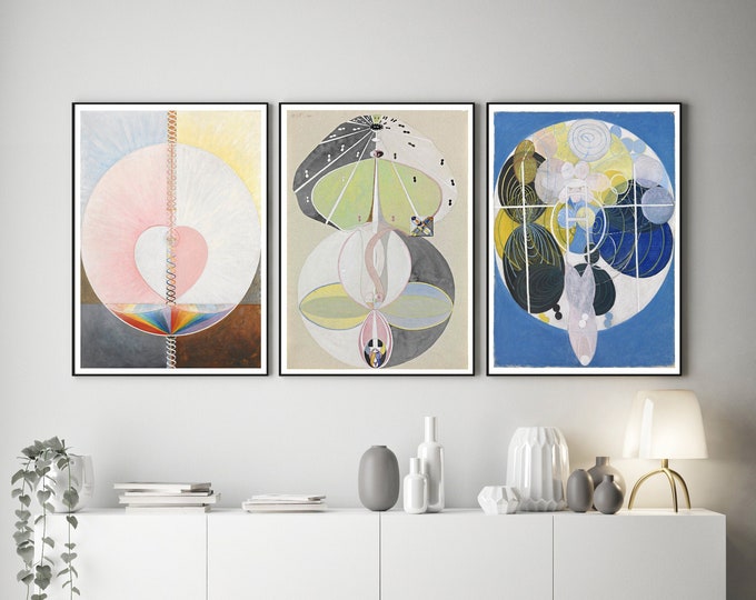 Colorful Abstractions: Set of 3 Vibrant Art Prints by Hilma Af Klint Blue Pink and Green Artwork to enhance you Home or Office Modern Art