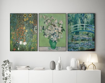 Vibrant Chartreuse Art Posters: Gustav Klimt, Monet, and Van Gogh Inspired Paintings Set of 3 Vibrant Prints to enhance any Home Wall Decor