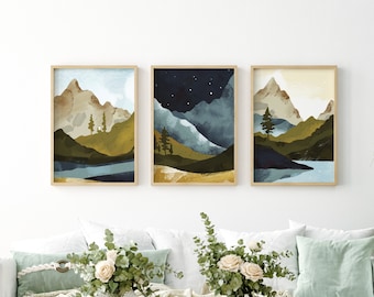 Mountain Landscape Abstract Set of 3 Art Posters - Nature-Inspired Wall Art Room Decor - Watercolor Wall Art Prints