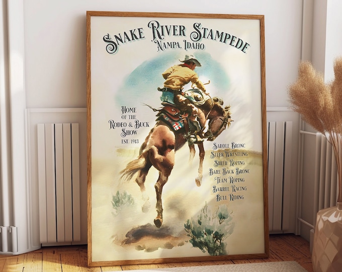 Cowboy Poster Rodeo Western Posters Snake River Stampede Rodeo Print Western Decor Vintage Horse Wall Art Old Wild West Poster Horse Poster