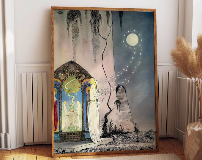 Out Flew The Moon Vintage Surreal Illustration Art Old Illustration Art Quirky Posters Rare Print from an Old Fairytale Book Mystical Moon