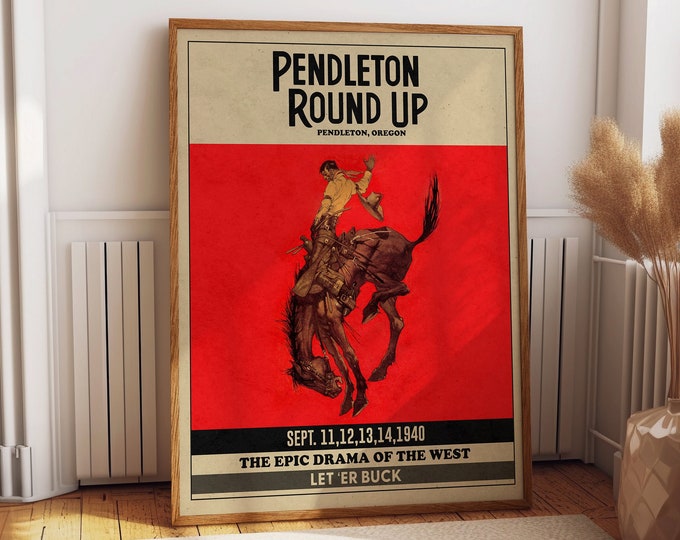 Pendleton Round Up Rodeo Poster Cowboy Cowgirl Prints Ranch Decor Red Posters Western Wall Art