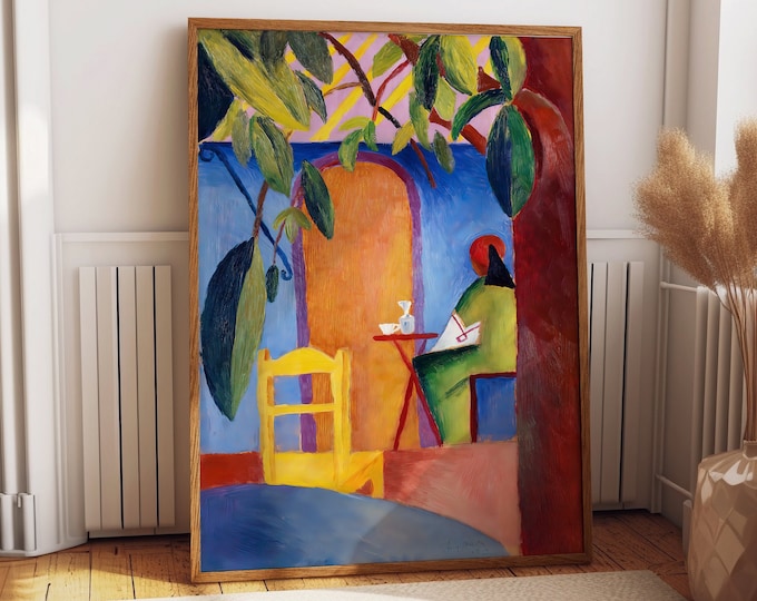 Café Bliss: Vibrant Coffee Wall Art Painting - A Captivating Scene by August Macke Coffee Wall Art Painting of a Café Colorful Wall Decor