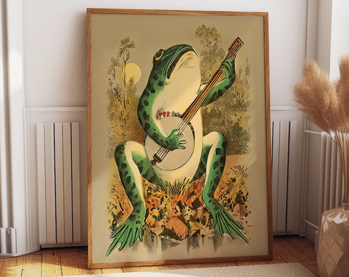 Green Frog Playing the Banjo Cute Bathroom Decor Frog Wall Art Toad Print Frog Poster Frog Deco Frog Vintage Illustration Whimsical Frog