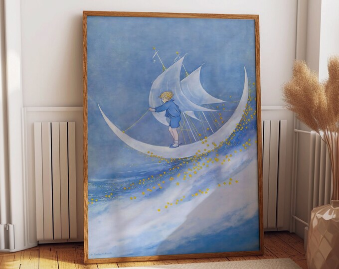 Fairy Child Flying on the Moon Fairy Print Fairy Tale Decor Vintage Fairy Art Fairy Wing Wall Art Fairy Decor Fairy Home Art Fairy Style Art