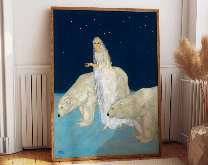 Polar Bear Illustration by Edmund Dulas  Vintage Fairytale Book Page Arctic Bear Poster Captivating Arctic Charm A Majestic Polar Bear Print