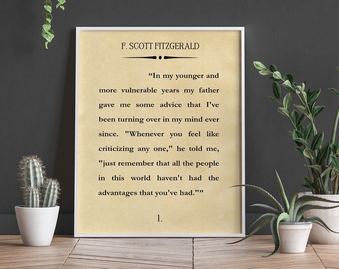 The Great Gatsby First Page Book Wall Art Literary Print F. Scott Fitzgerald Wall Art Quote Book Poster Literature Gift