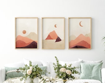 Sun, Moon, Mountains Set of 3 Art Posters - Abstract Terracotta Landscape Prints - Neutral Minimalist Boho Wall Decor