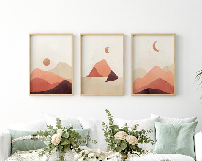 Sun, Moon, Mountains Set of 3 Art Posters - Abstract Terracotta Landscape Prints - Neutral Minimalist Boho Wall Decor