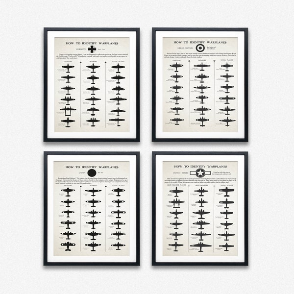 WWII Warplanes Chart Set of 4 Military Aviation Prints