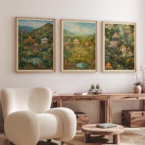 Ensemble d'impressions d'art jardin du palais indien : décoration murale mythologie de Pichwai