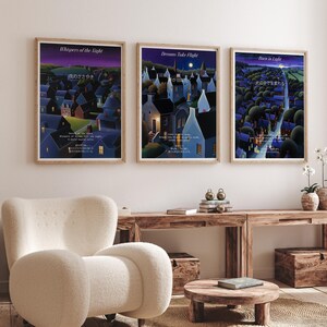 Japanische Stadt am Nachthimmel Illustration Wandkunst - Set mit 3 Postern Whispers of the Night, Dreams Take Flight und Born in Light Art Prints