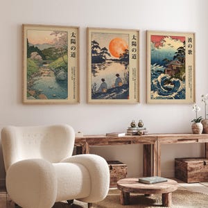 Japanischer Sonnenuntergang Wandkunst - Ueno Moderne japanische Wandkunst Set mit 3 Postern – Japan Nature Tokyo Art Prints