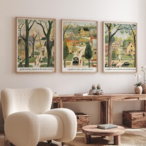 Lot de 3 impressions nostalgiques de la vie de banlieue - affiches d'art murales de quartier rétro - décoration murale communautaire classique petite ville