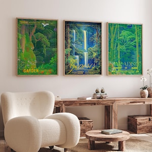 Tropisches Dschungel Wasserfall Wand-Kunst-Set 3 Poster – Üppiges grünes Paradies mystisch Eden Forest Art Prints – Eternal Garden Genesis Art