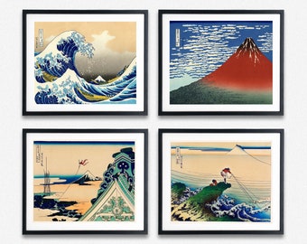 Japanese Woodblock Art Set of 4 - Katsushika Hokusai's Famous Woodblock Prints Including The Great Wave - Wall Art Decor Woodblock Prints