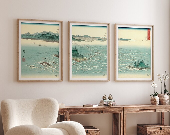 Ocean Triptych Wall Art Series of Connecting Prints Japanese Woodblock Poster Set Perfect for Living Rooms Beach Houses and Soothing Spaces