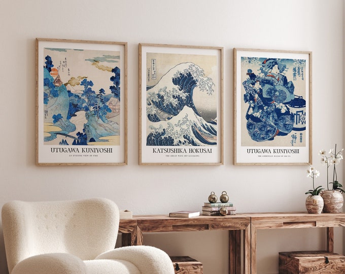 Set of 3 Classic Japanese Woodblock Posters Blue Themed Room Decor for Blue Room Modern Japanese Aesthetic Art Retro Japan Prints