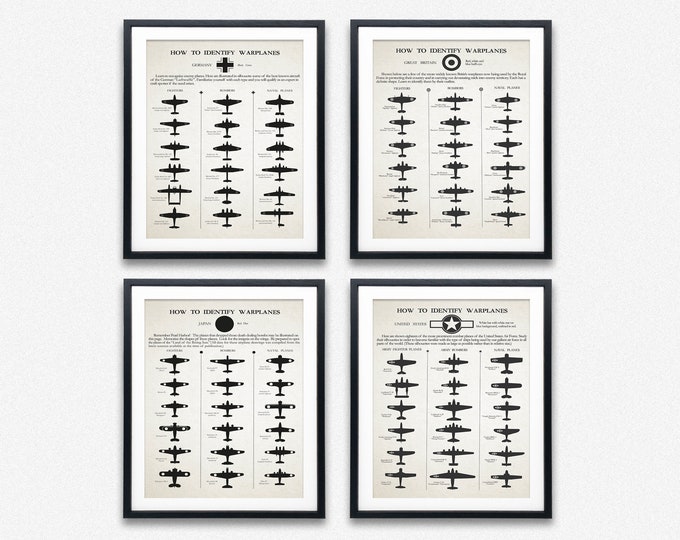 WWII Warplanes Chart Set of 4 Military Aviation Prints