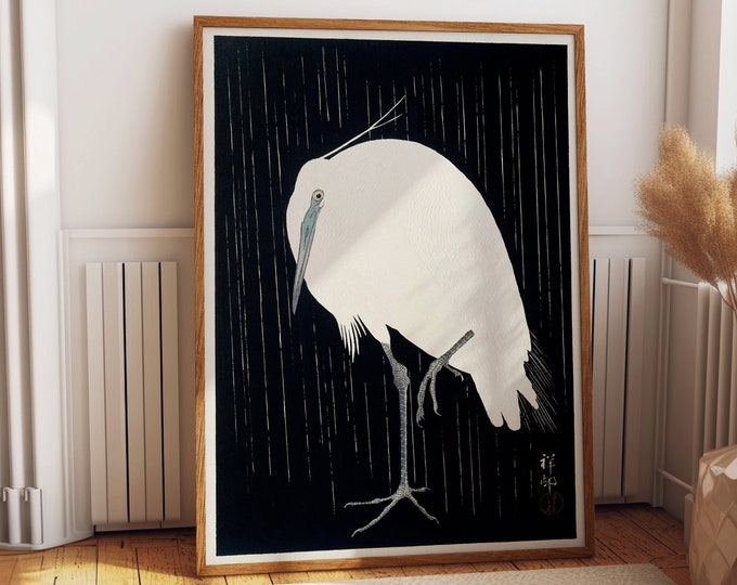 Serene Egret in the Rain by Ohara Koson: Japanese Woodblock Poster from 1925 for Home Decor Japanese Woodblock Poster Modern Japan Poster