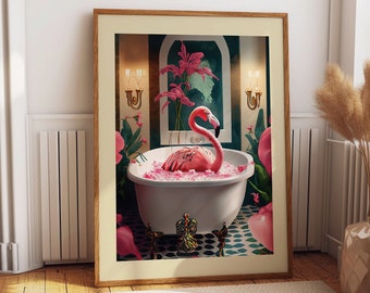 Whimsical Pink Flamingo Bathtub Art - Charming Watercolor Prints of Playful Flamingo Enjoying Bath Time - Unique Bathroom Art and Gift Idea